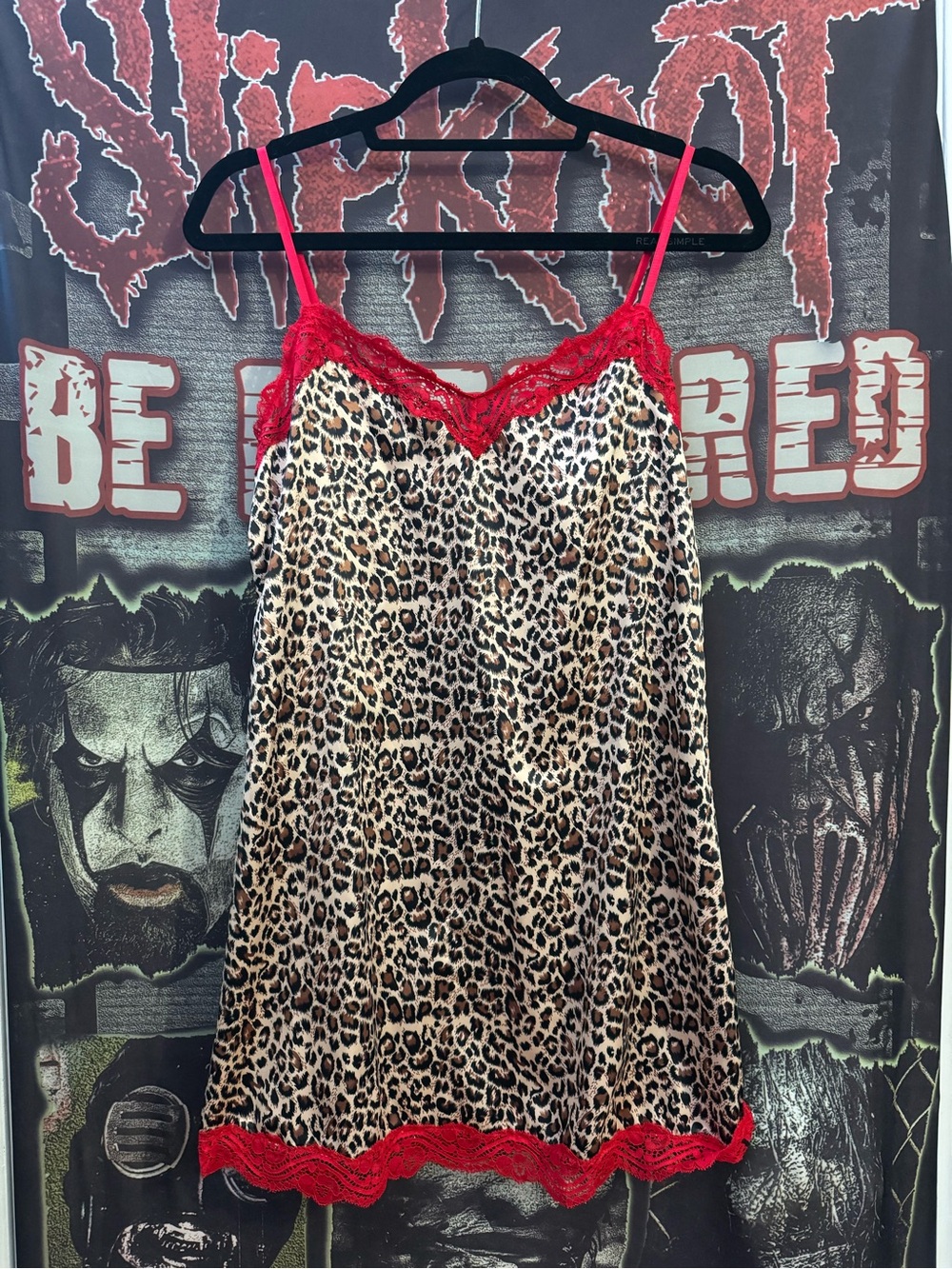 Current Mood Leopard Print Red Lace Trim Slip Dress